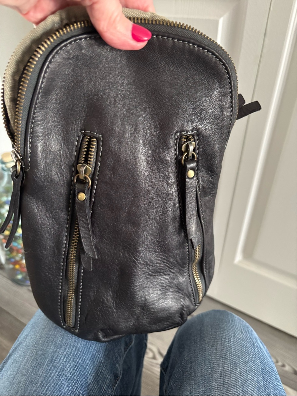 Women's Black Leather Shoulder Bag with Front Zip Detail